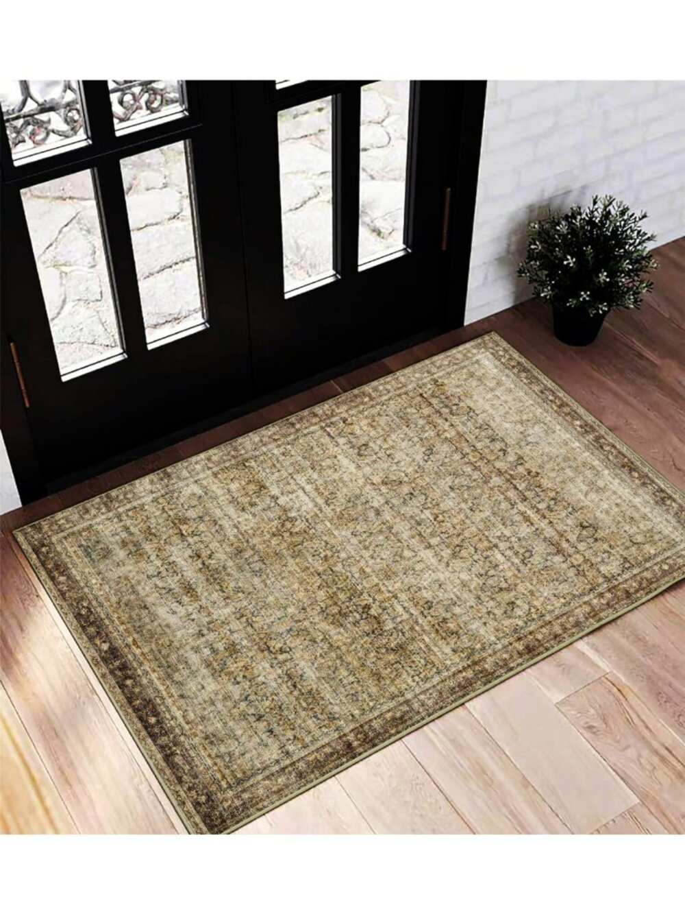 Vintage Distressed Taupe Area Rug 2x3 Washable Non-Slip Door Mat for Home
